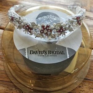 David's Bridal Silver and Red Floral Tiara NWT